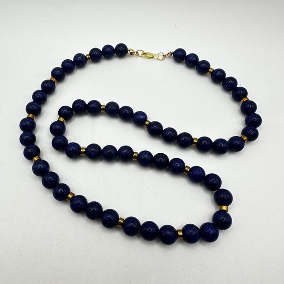20" Revived 8mm beaded lapis lazuli necklace with gold tone accents, 925 clasp! - Picture 4 of 12